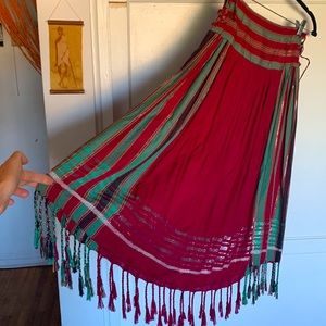 Vintage woven pleated midi skirt, twisted fringe at bottom, lace up bodice waist